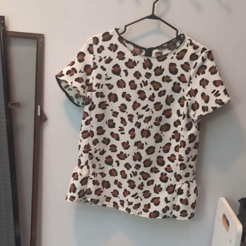 Zara White and Brown Leopard Print Blouse